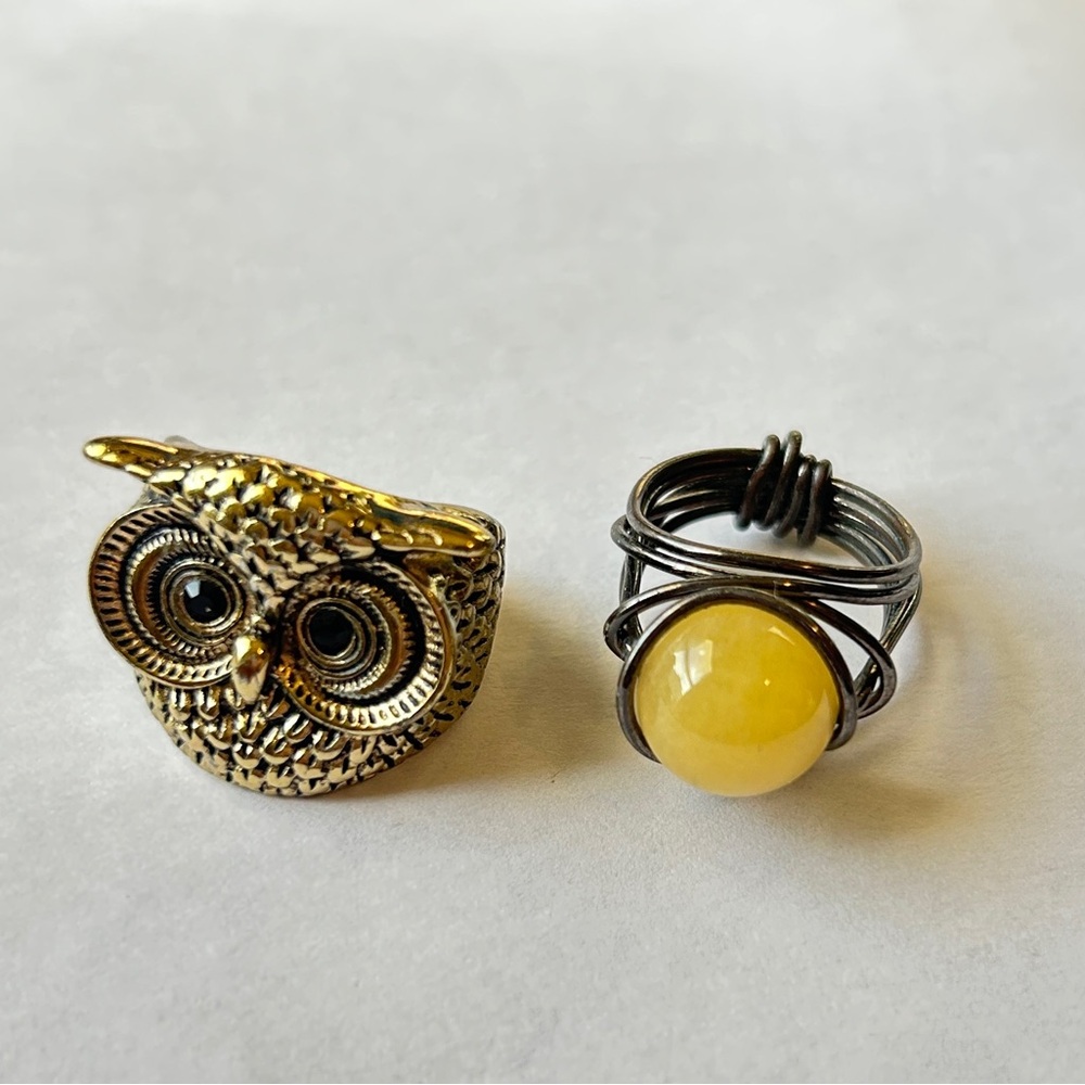 Lot of two fashion jewelry owl and yellow gemstone gold tone